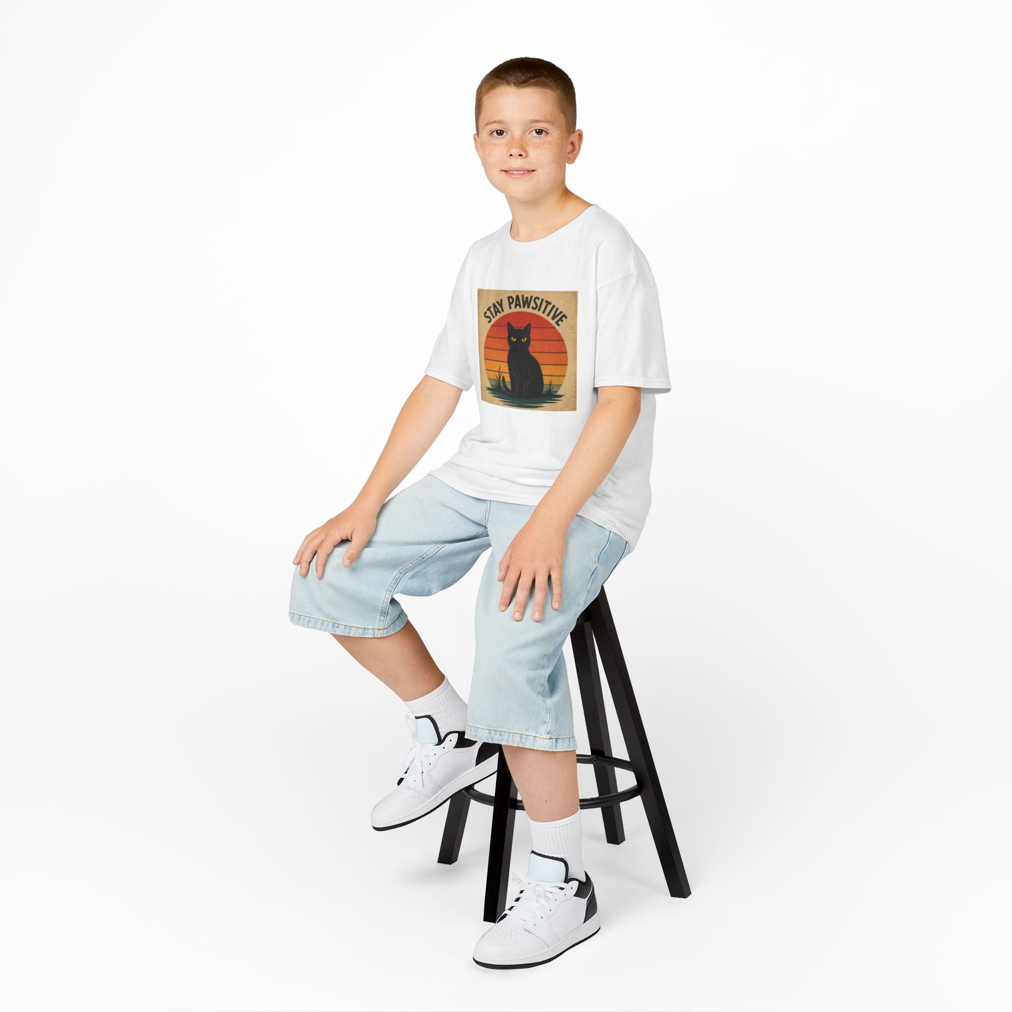 Kids/Teens T-Shirt — "Stay Pawsitive" Retro Cat Graphic