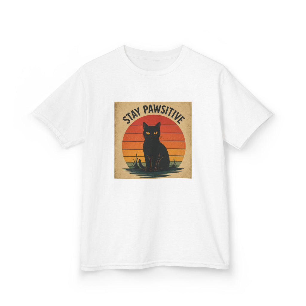 Kids/Teens T-Shirt — "Stay Pawsitive" Retro Cat Graphic