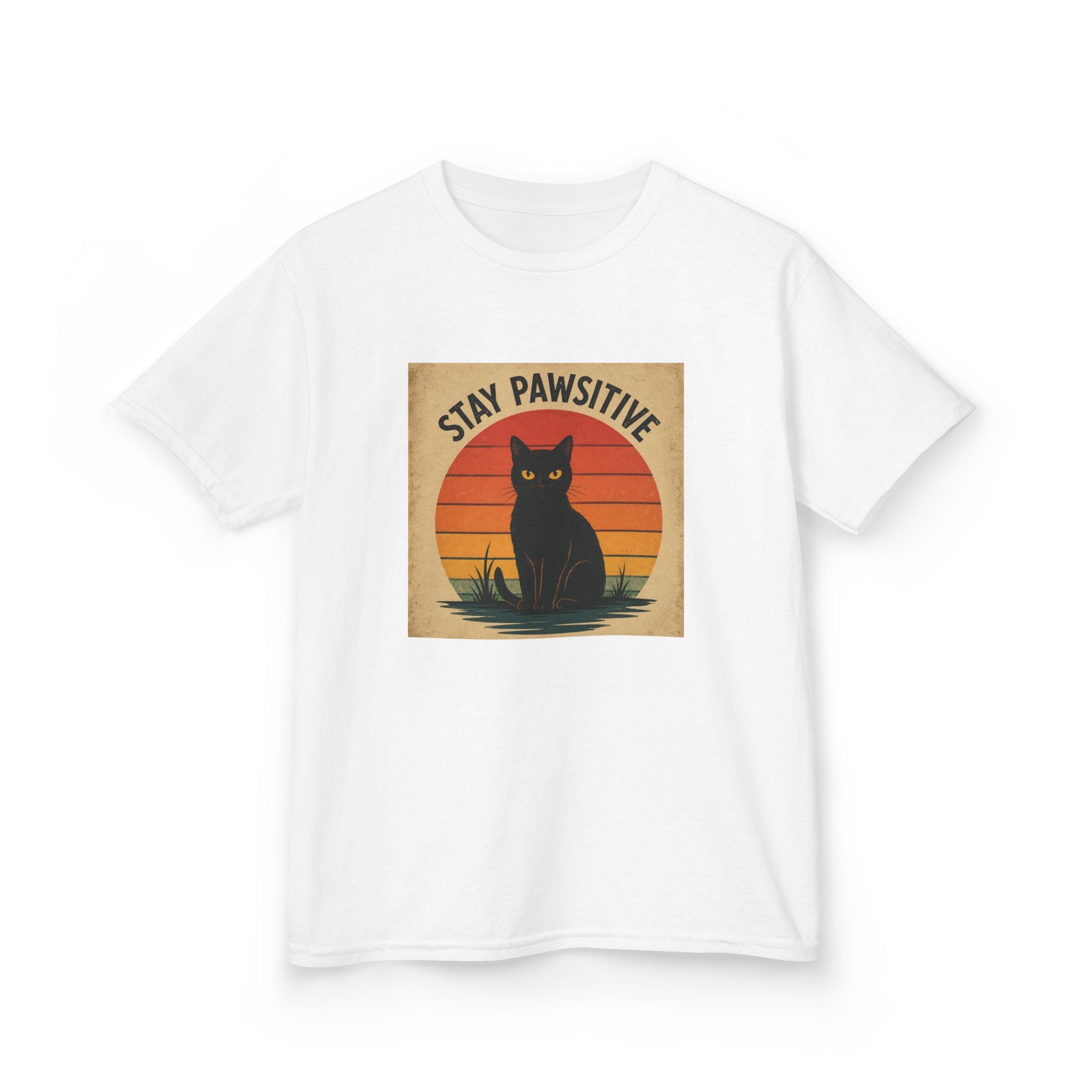 Kids/Teens T-Shirt — "Stay Pawsitive" Retro Cat Graphic
