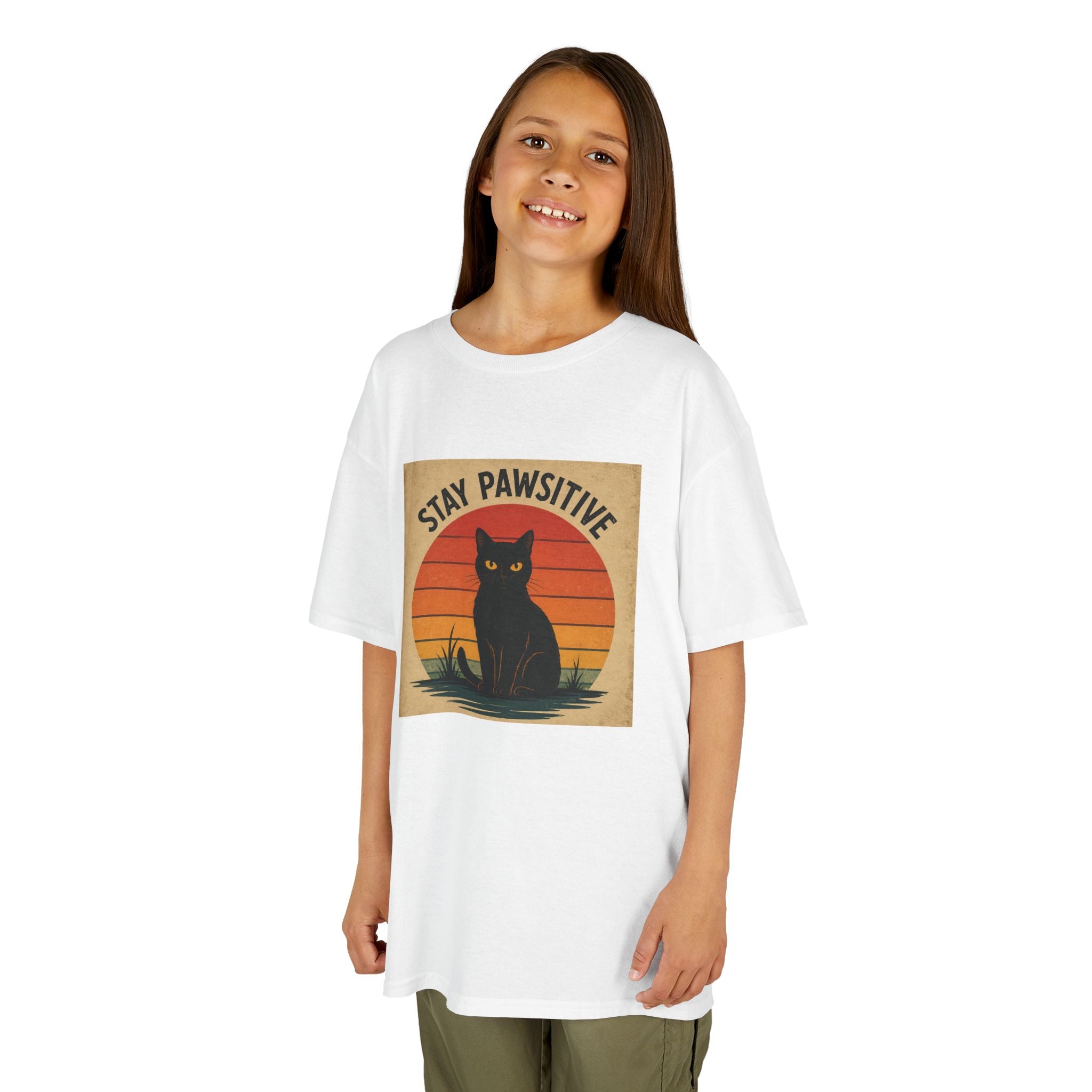 Kids/Teens T-Shirt — "Stay Pawsitive" Retro Cat Graphic