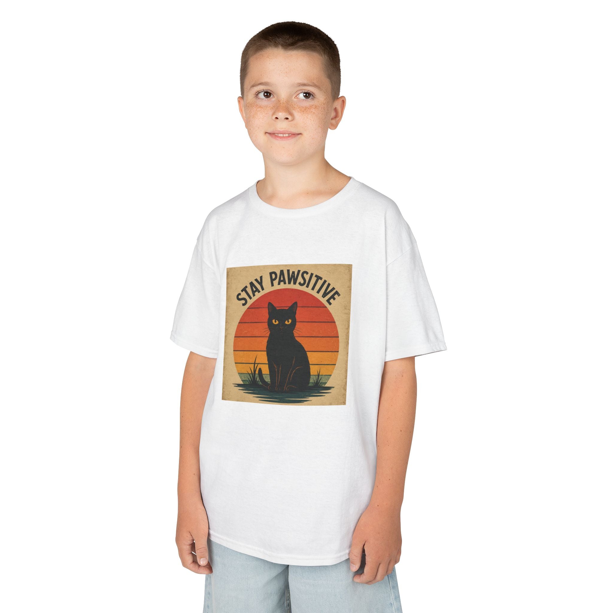 Kids/Teens T-Shirt — "Stay Pawsitive" Retro Cat Graphic