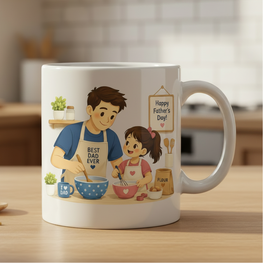White mug with a cartoon illustration of a father and daughter cooking, and 'Happy Father's Day!' text.