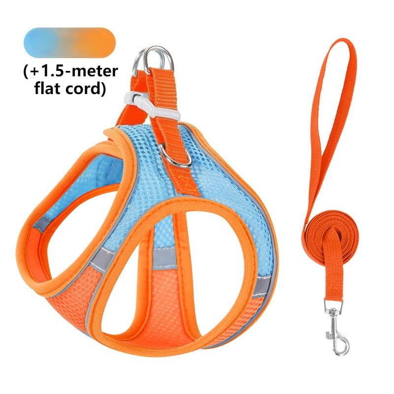 Breathable Reflective Pet Harness Set: Vest-Style Dog Harness + Leash - Orange and Blue-L