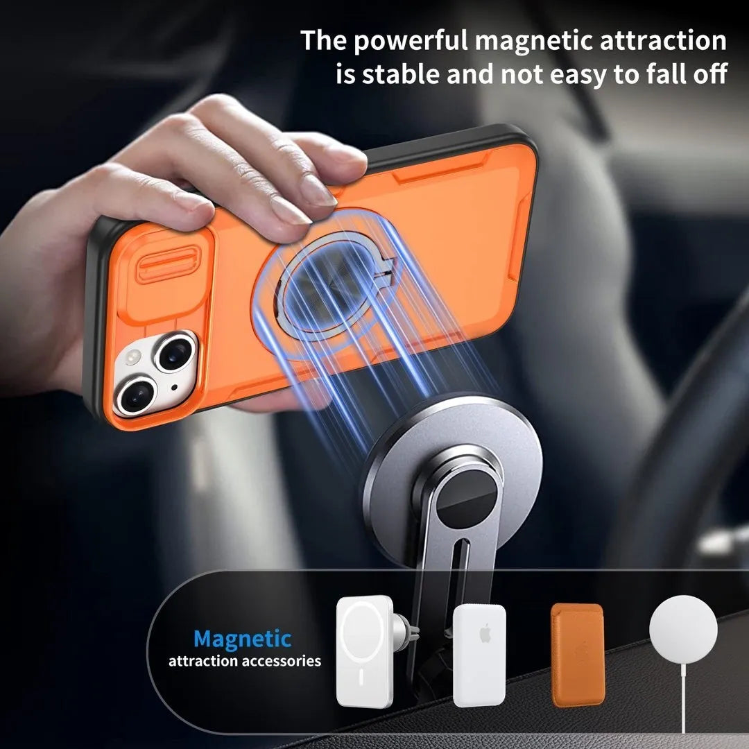 2-in-1 Magnetic Sliding Lens Case, Orange for iPhone 15