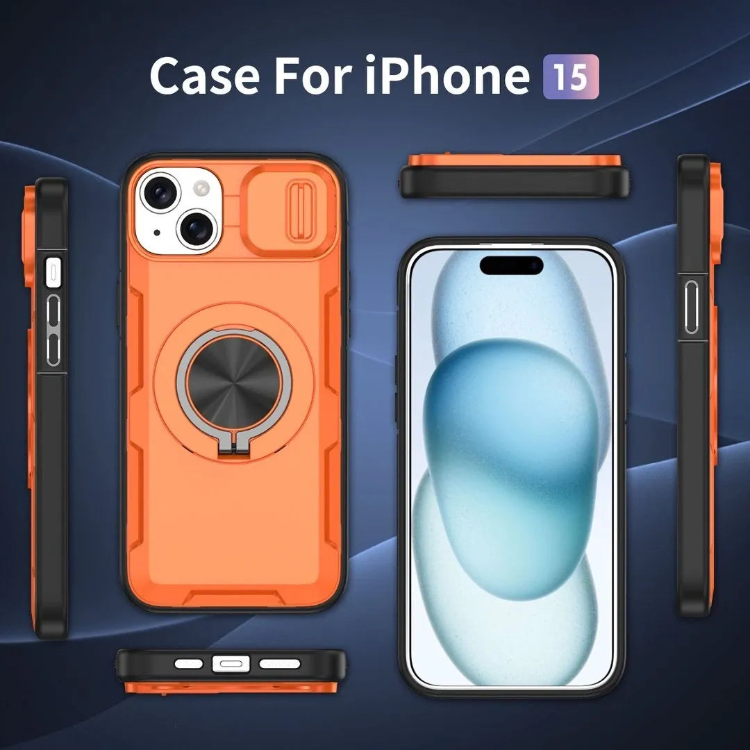 2-in-1 Magnetic Sliding Lens Case, Orange for iPhone 15