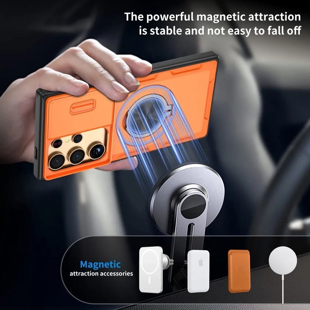 2-in-1 Magnetic Sliding Lens Case, Orange for Samsung S25Ultra