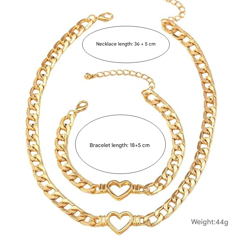 Luxury Heart Pendant Necklace and Bracelet Bold Cuban Link Chain